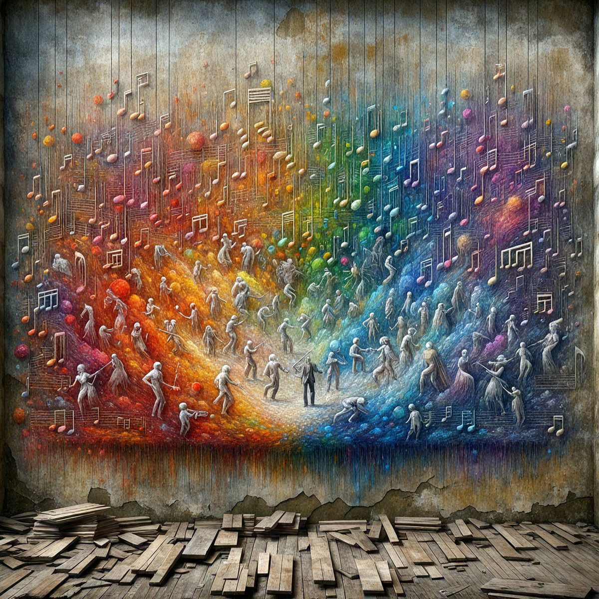 The primary subject of the image is a large painting featuring a man standing in the center of a crowd of people. The painting is set against a backdrop of a colorful, musical-themed mural. The visual style of the painting is a combination of digital art and illustration, creating a vibrant and lively atmosphere. The dominant colors in the painting include shades of red, blue, yellow, and green, which contribute to the overall mood of the scene.